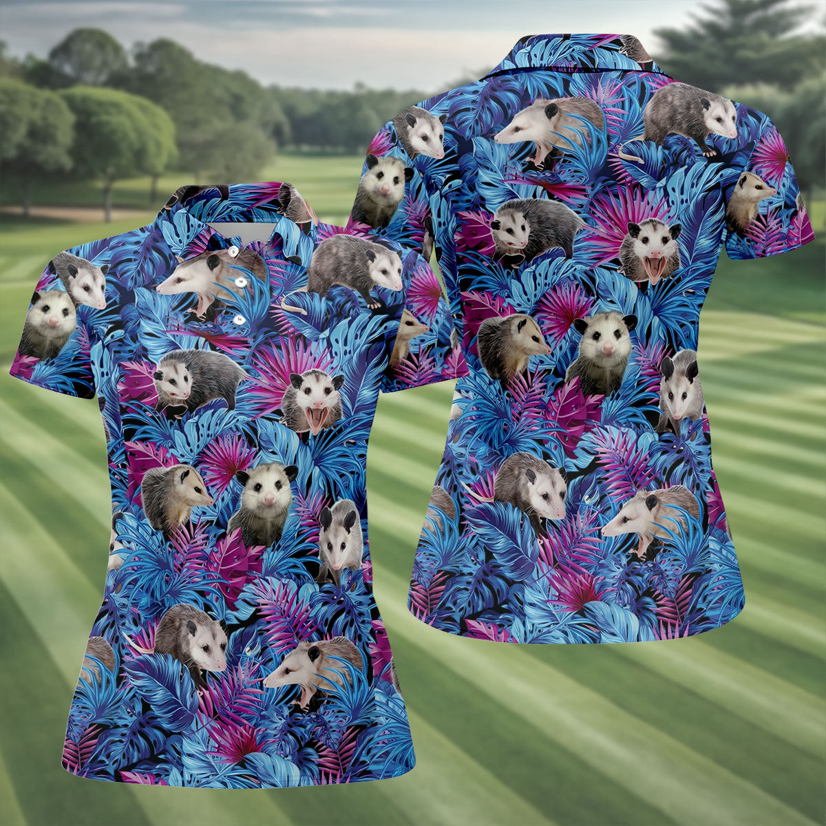 Funny Opossum Blue Purple Hawaiian Golf Shirt, Tropical Theme Golf Shirt For Women