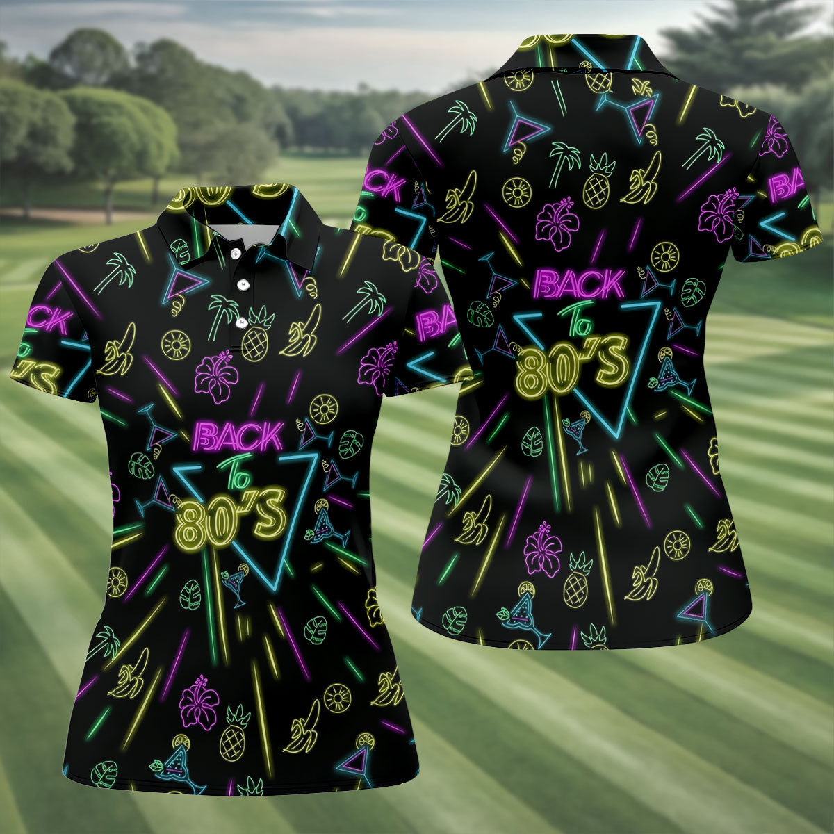Back To 80's Neon Pattern Hawaiian Golf Shirt, Tropical Vibe Golf Shirt For Women