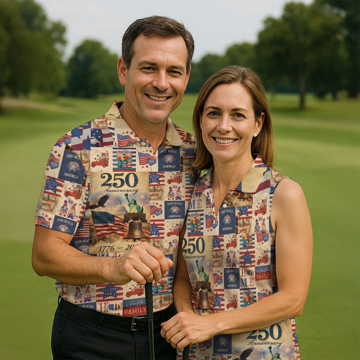 God Bless America Celebrating 250 Retro Golf Shirt, Patriotic 4th Of July Golf Shirts For Men