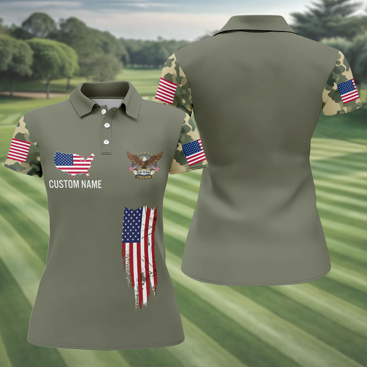 250 Years Freedom Eagle American Flag Camo Golf Shirt, Patriotic 4th Of July Golf Shirt For Women