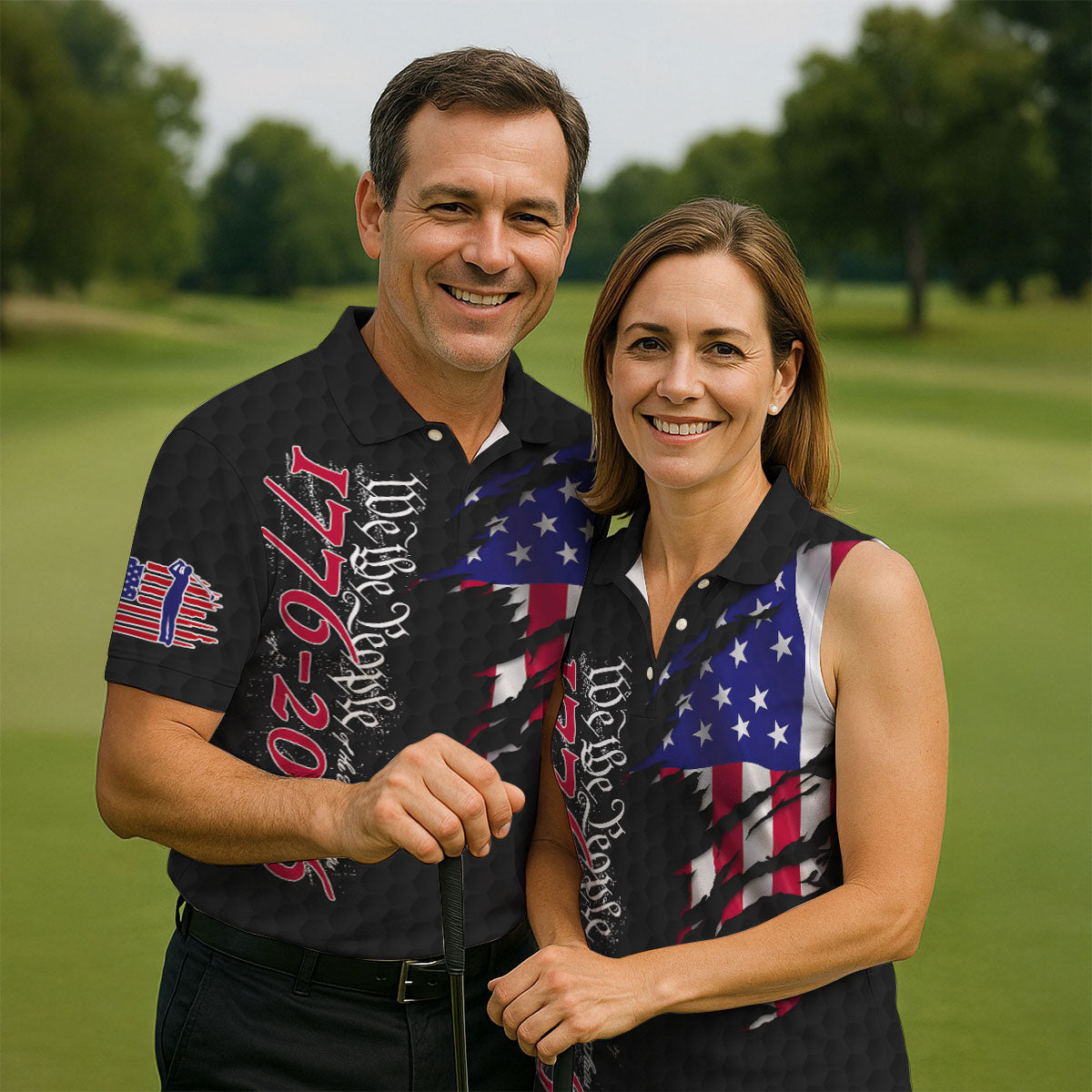 We The People Distressed American Flag Black Golf Shirt, 4th Of July Golf Shirts For Men