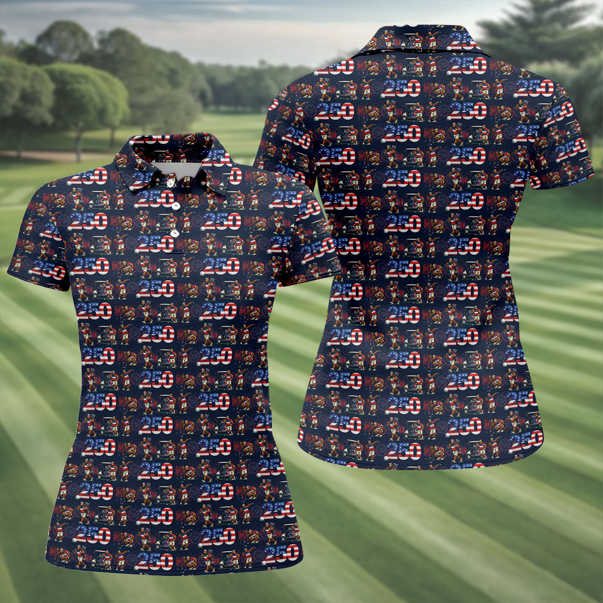 Funny Bigfoot Golf Pose Patriotic 4th Of July Black Golf Shirt, 250 Years Golf Shirt For Women