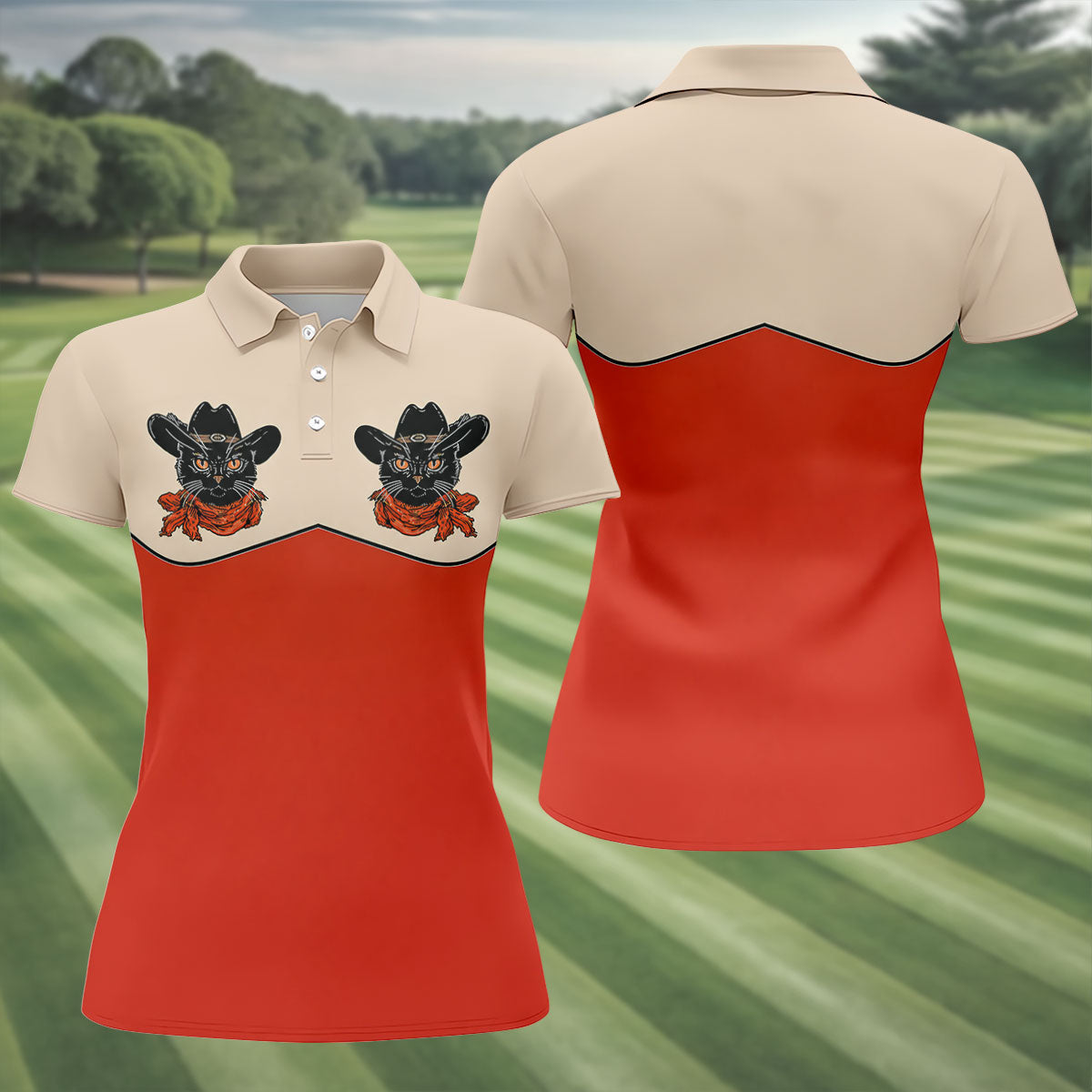 Red Western Cowboy Black Cat Golf Polo Shirt, Women's Golf Polo, Ladies Golf Shirts