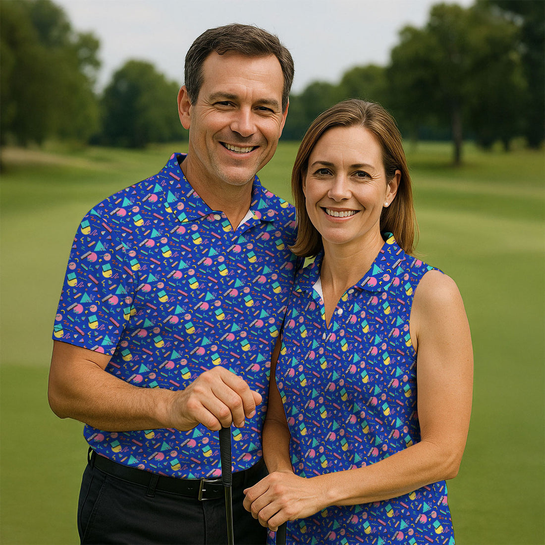 Memphis Pattern Hawaiian Golf Shirt, Retro Summer Men's Golf Shirt, Polo Shirts For Men