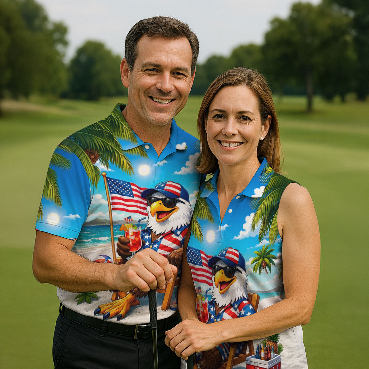 Funny Bald Eagle US Flag Pattern Hawaiian Golf Shirt, 250 Years Patriotic 4th Of July Golf Shirts For Men