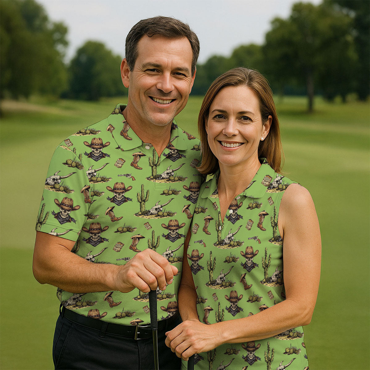 Cowboy Skeleton Longhorn Cow Skull Western Theme Sage Green Golf Tops For Men, Golf Shirts For Men