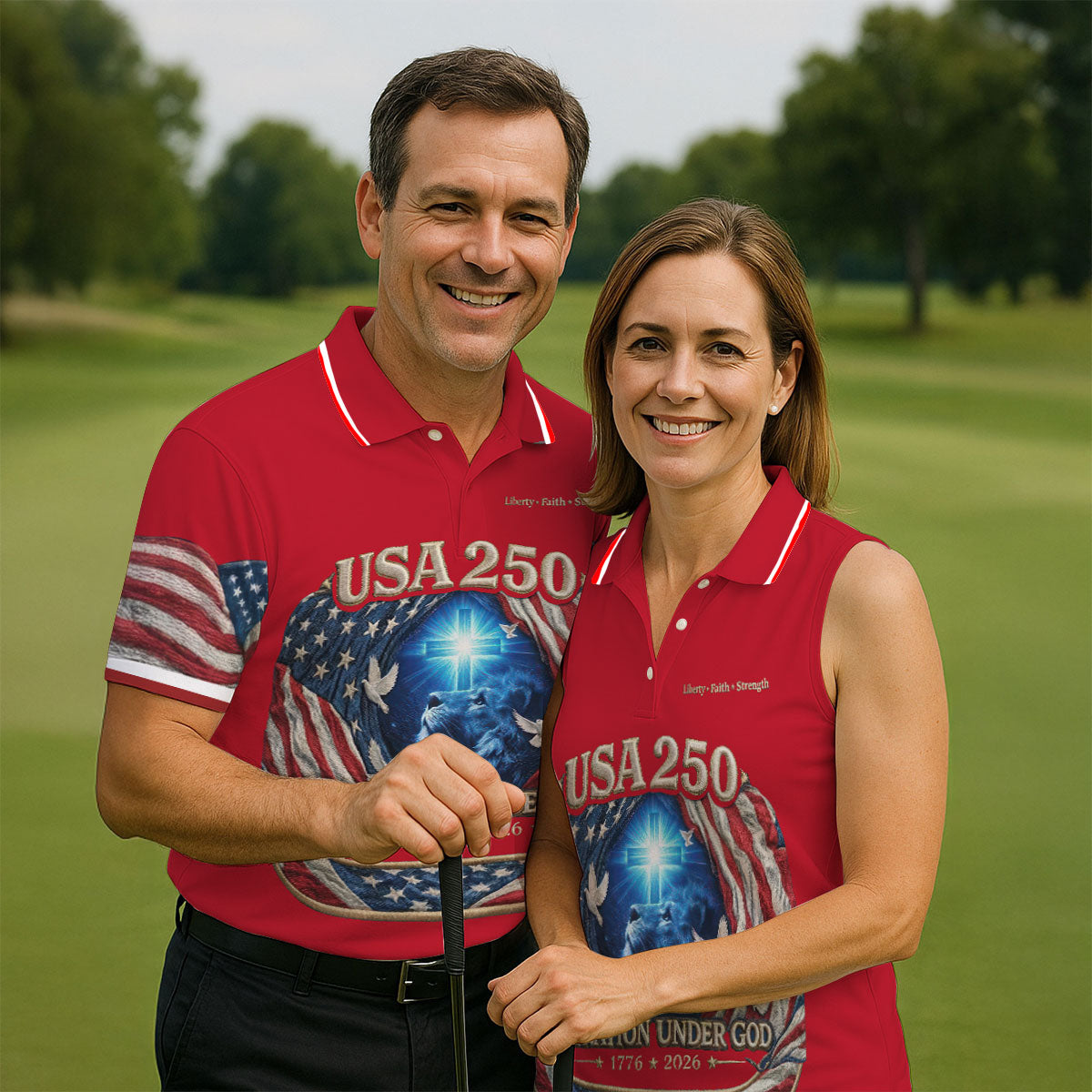 One Nation Under God Faith Cross USA 250 Red Golf Shirt, 4th Of July Golf Shirts For Men