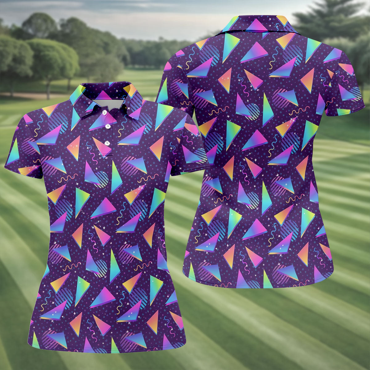 Retro Memphis Geometric Pattern Golf Polo Shirt, Women's Golf Polo, Ladies Golf Tops