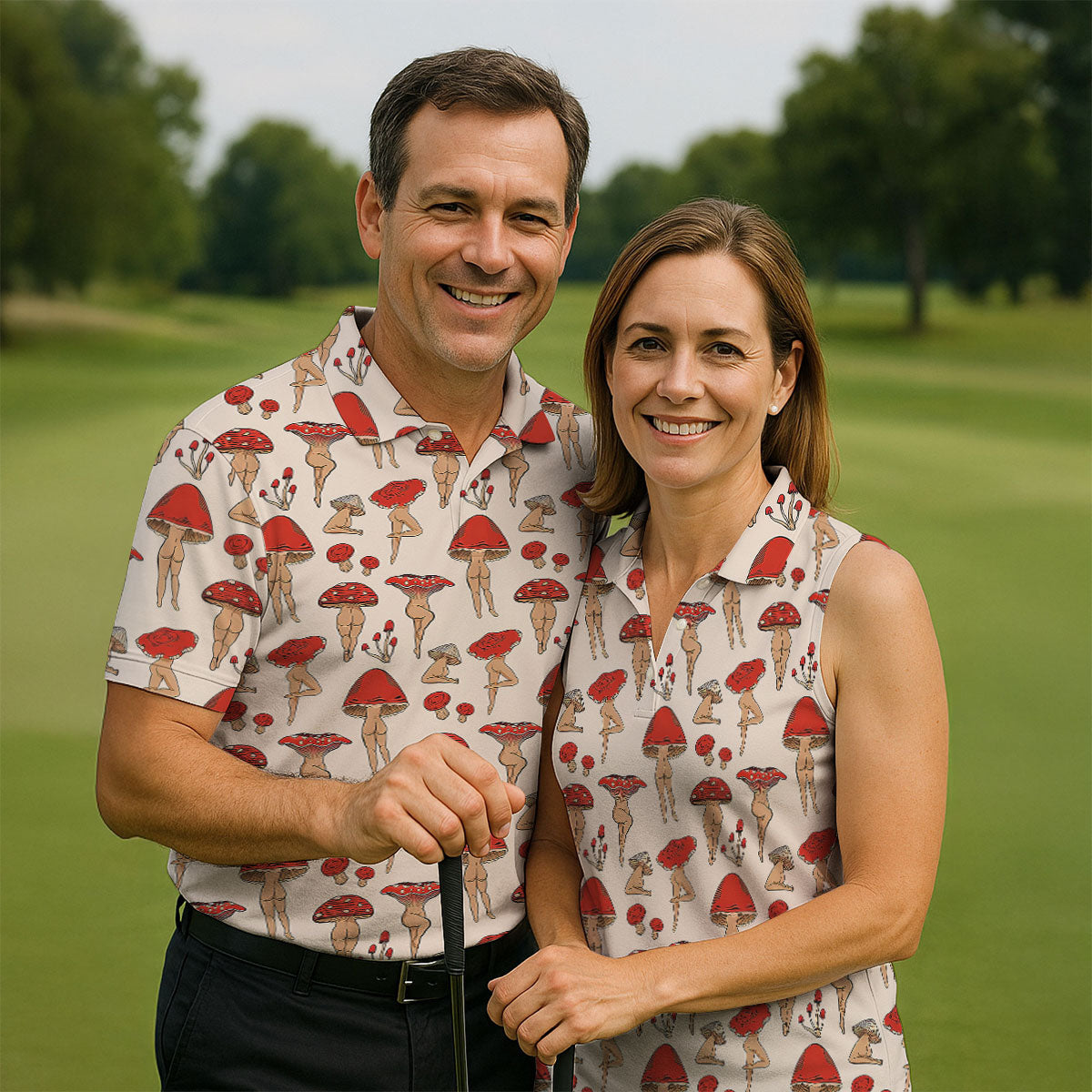 Vintage Mushroom Pin Up Pattern Hawaiian Golf Shirt, Mens Golf Shirts, Golf Apparel For Men