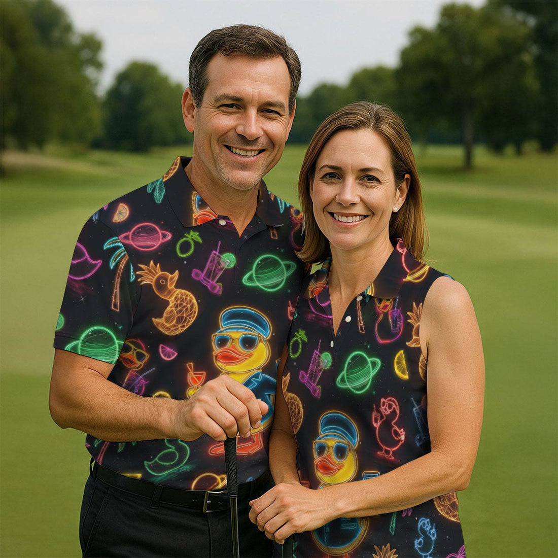 Jet Black Neon Duck Tropical Pattern Hawaiian Golf Shirt, Golf Shirts For Men, Polo Shirts For Men