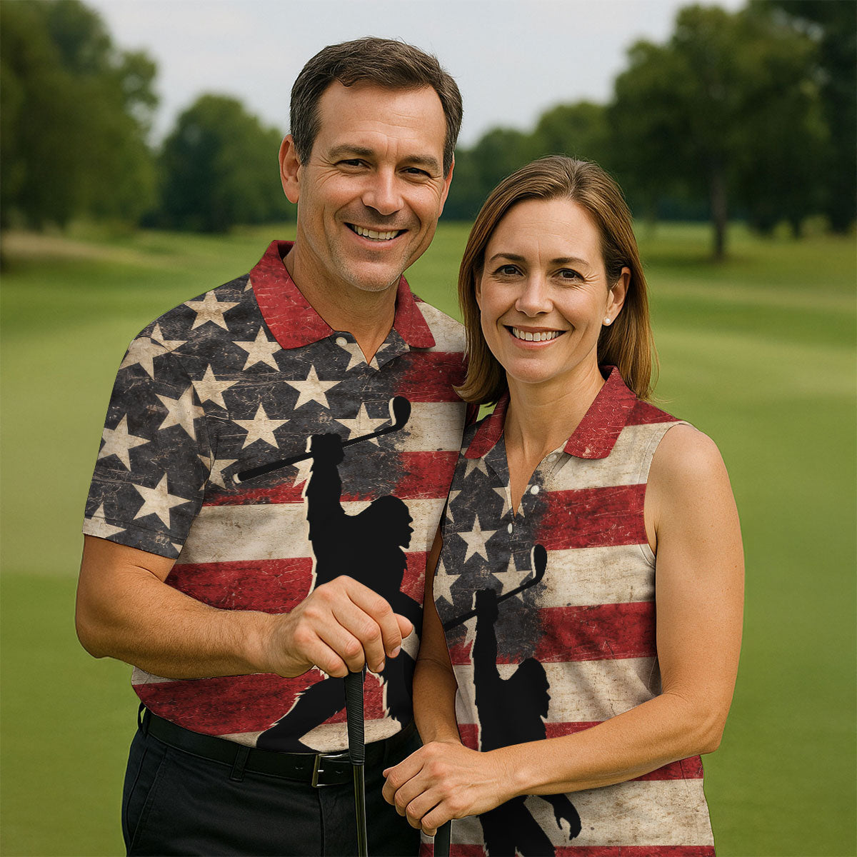 Vintage American Flag Bigfoot Golfer Polo Shirt, Mens Golf Polo, Golf Polo Shirts For Men