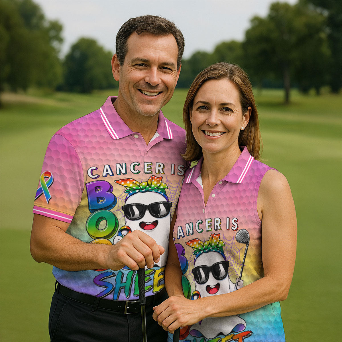 Cancer Is Boo Sheet Ghost Golf Polo Shirt, Golf Shirts For Men, Mens Golf Shirts