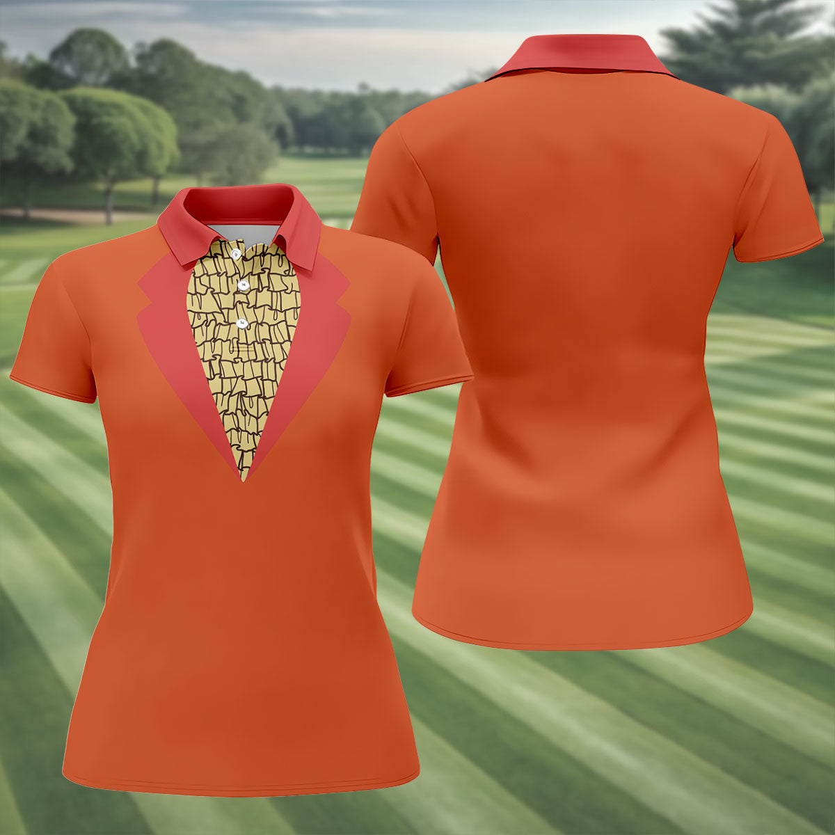 Orange Tuxedo Fun Women's Golf Shirts, Retro Golf Shirt, Ladies Golf Tops