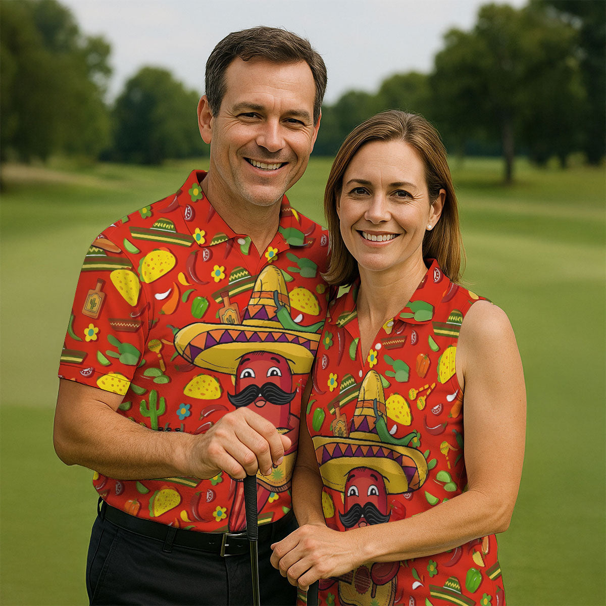Cartoon Chili Pepper Mexican Guitar Cinco De Mayo Celebration Fiesta Themed Golf Shirts For Men