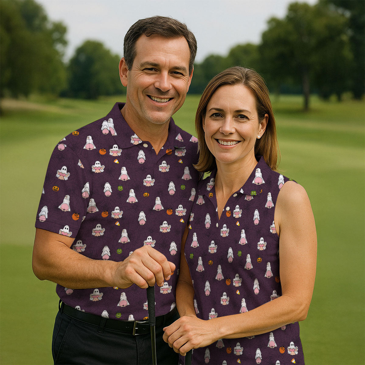 Cute Ghost Butt Halloween Pattern Golf Polo Shirt, Mens Golf Polo, Printed Golf Shirts