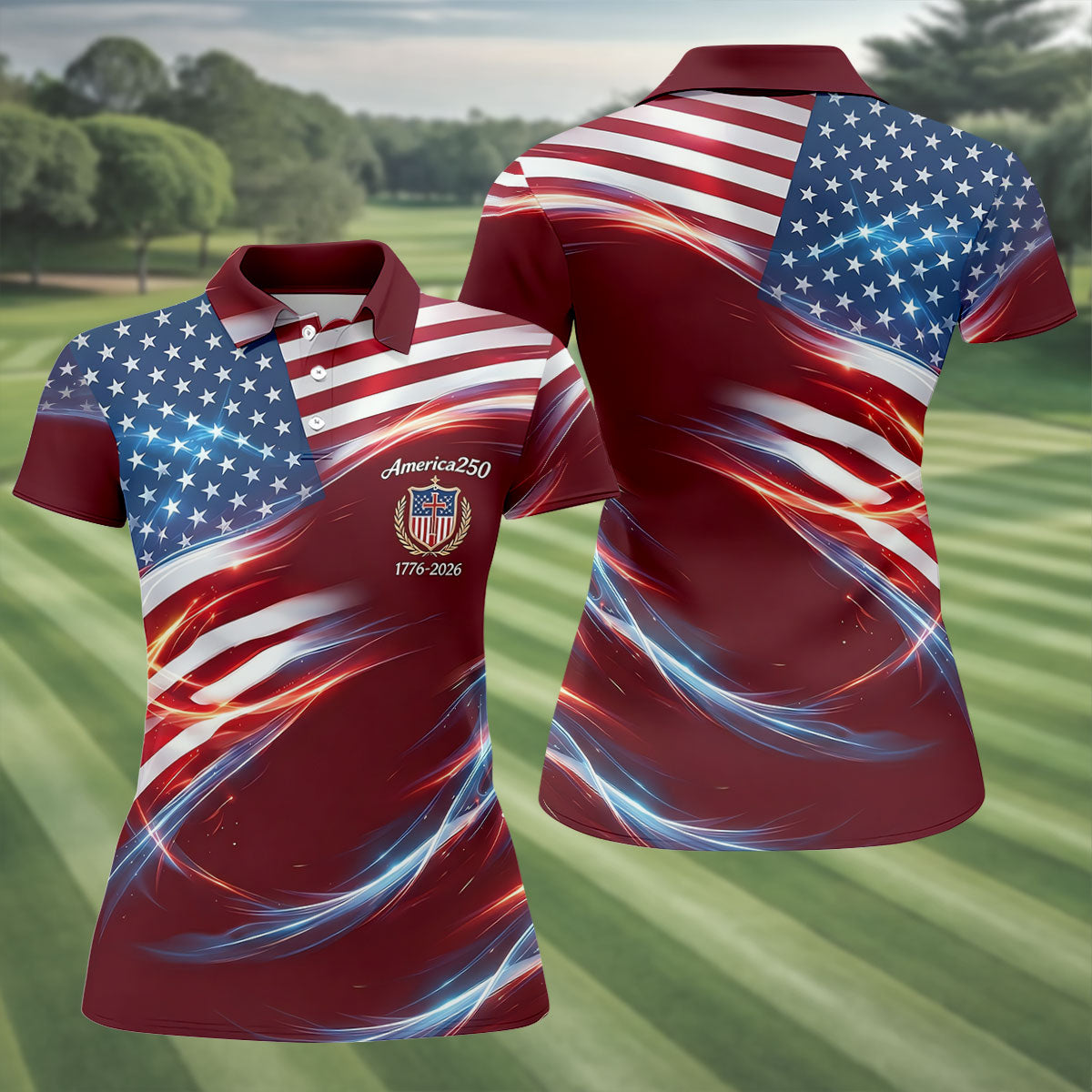 America 250 Light Effect American Flag Golf Shirt, Patriotic 4th Of July Golf Shirt For Women