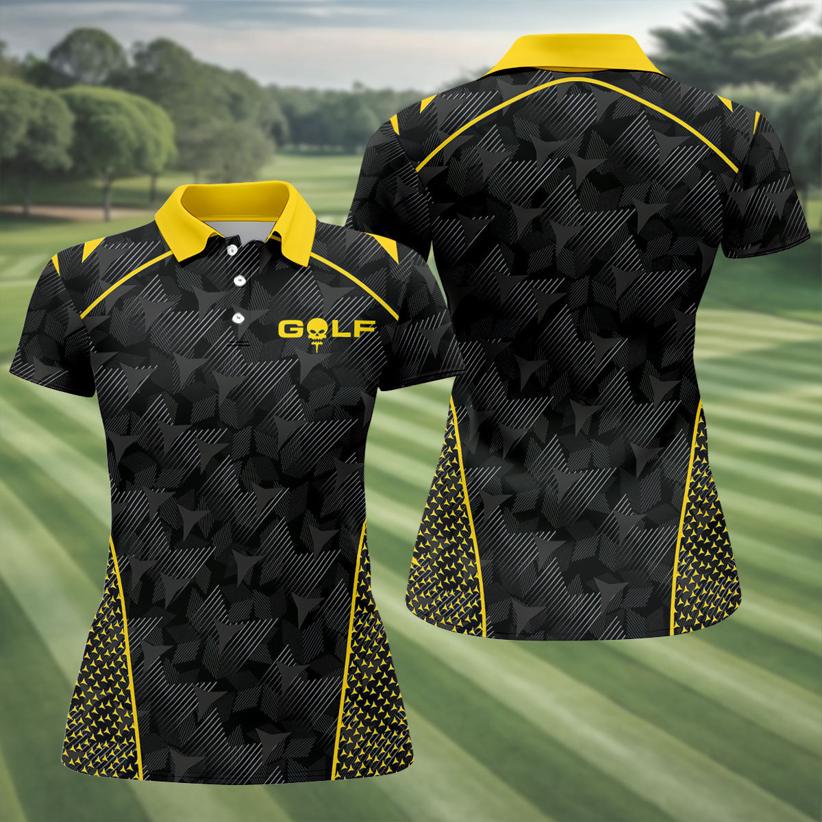 Abstract Triangle Black Yellow Ladies Golf Tops, Golf Shirt For Women, Golfing Apparel