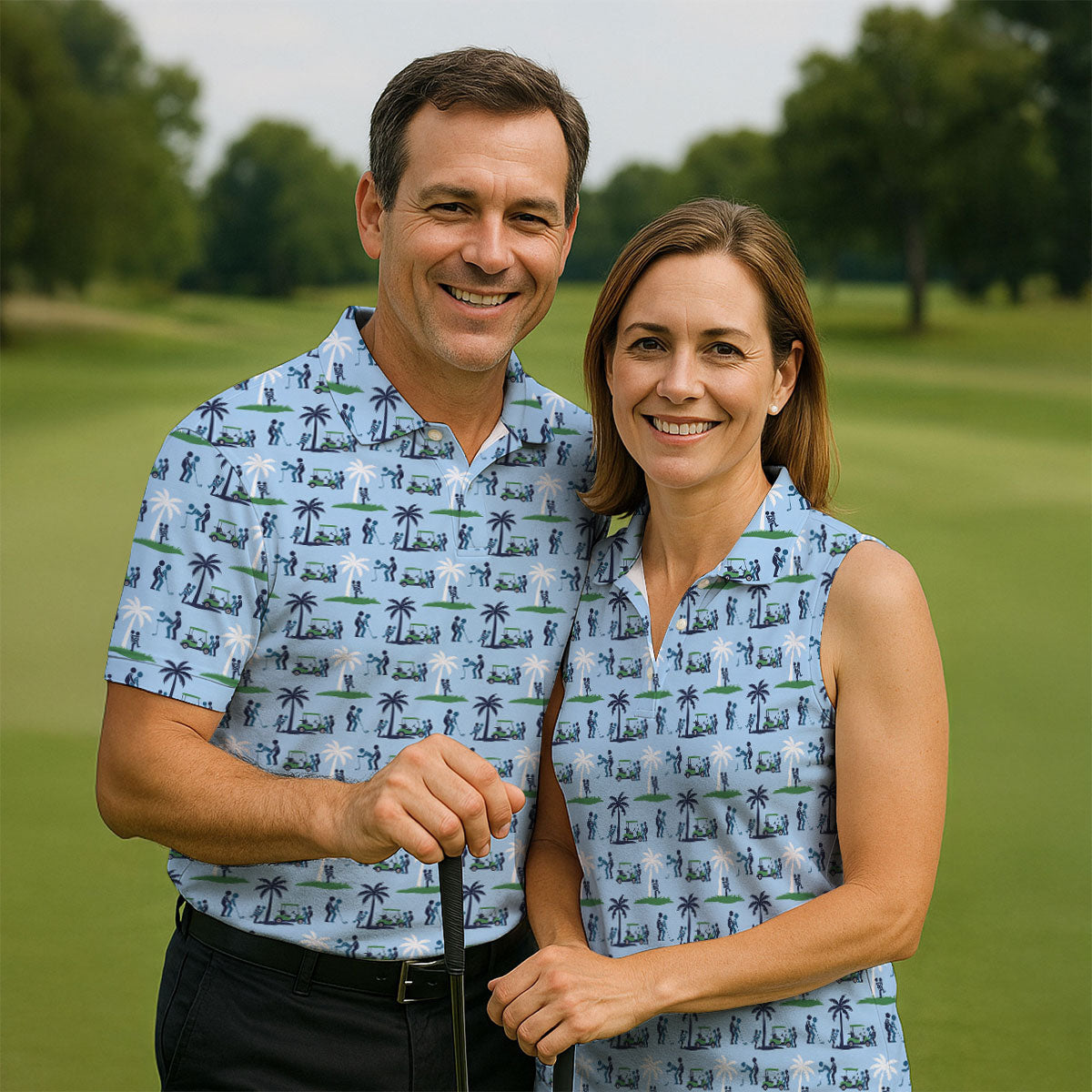 Funny Golf Cart Couple Pattern Women's Golf Tops, Golf Tops For Women, Women’s Golf Apparel