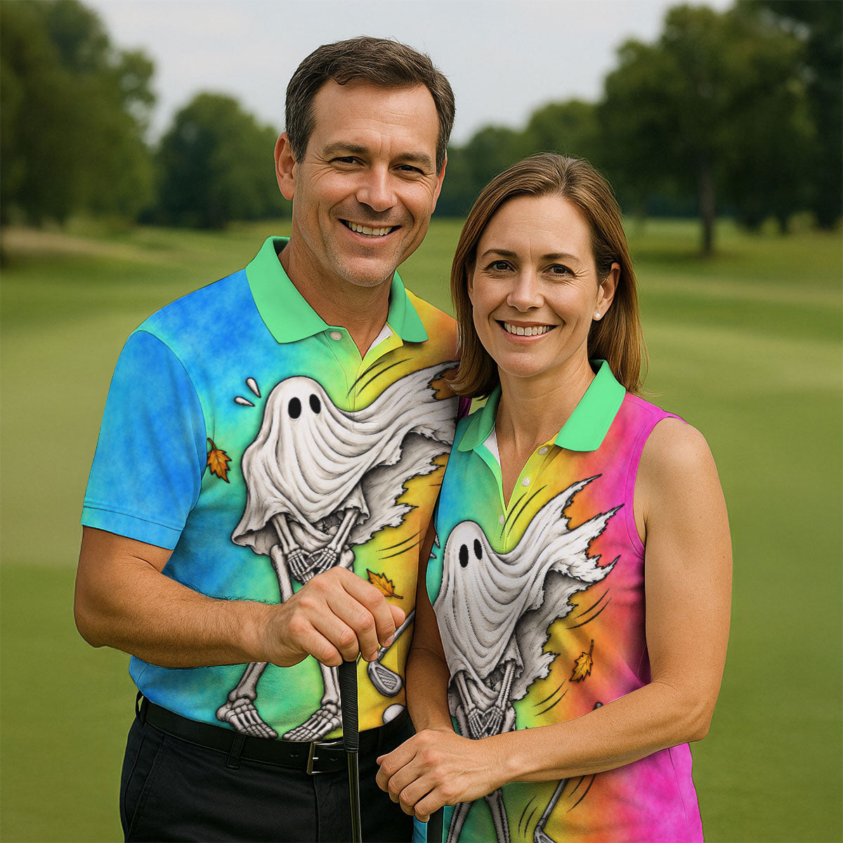 Windy Skeleton Ghost Golf Polo Shirt, Halloween Shirts For Men, Golf Polo Shirts For Men
