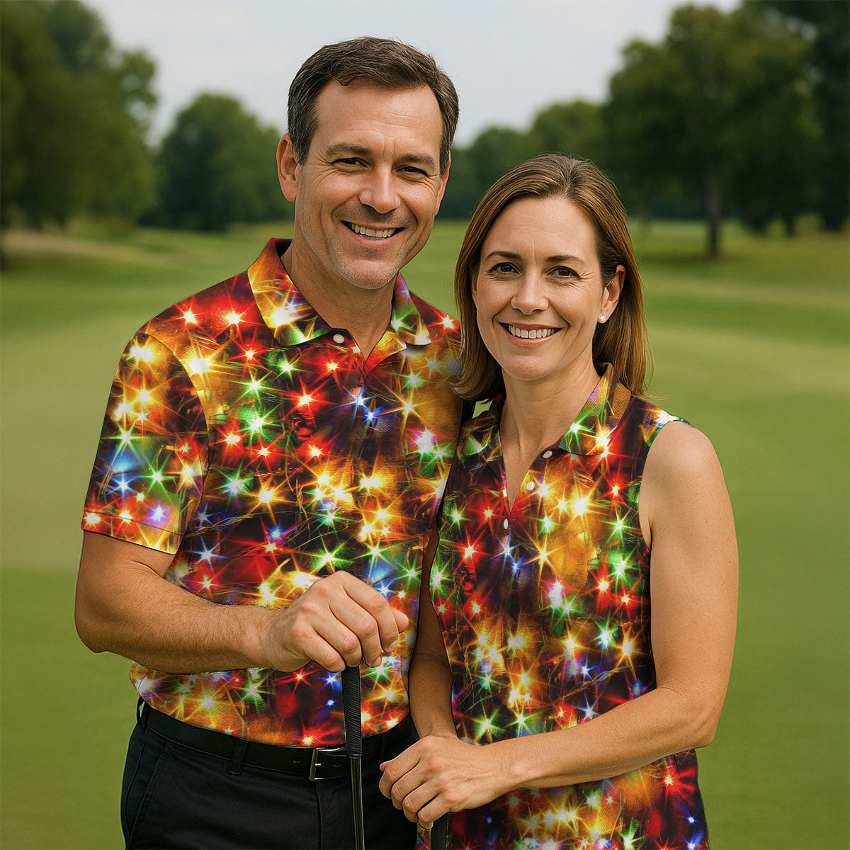 Colorful Christmas Lights Women's Golf Tops, Christmas Golf Shirt, Ladies Golf Polos, Golf Gift For Ladies