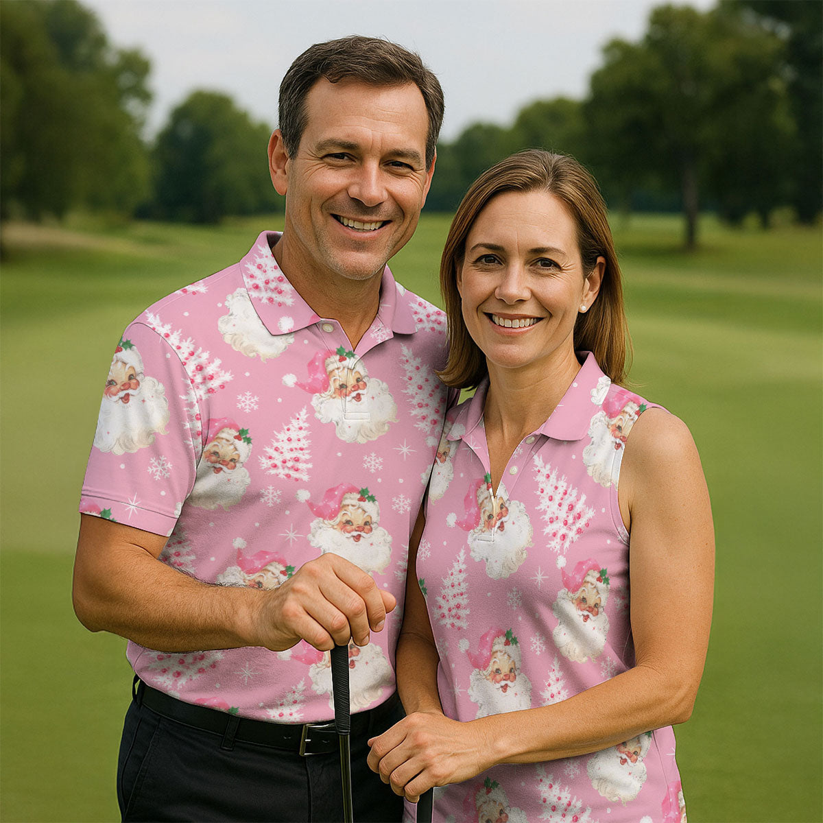 Pink Santa Claus Christmas Golf Shirt, Cute Golf Outfit, Polo Shirts For Men, Golf Gift For Men