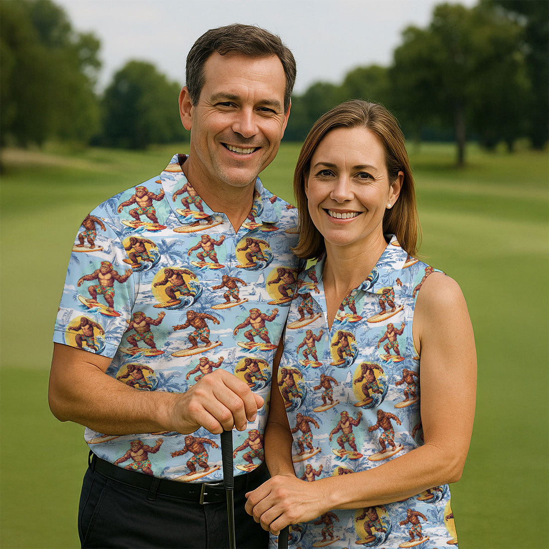 Surfing Bigfoot Hawaiian Golf Shirt, Mens Golf Shirts, Golf Apparel For Men