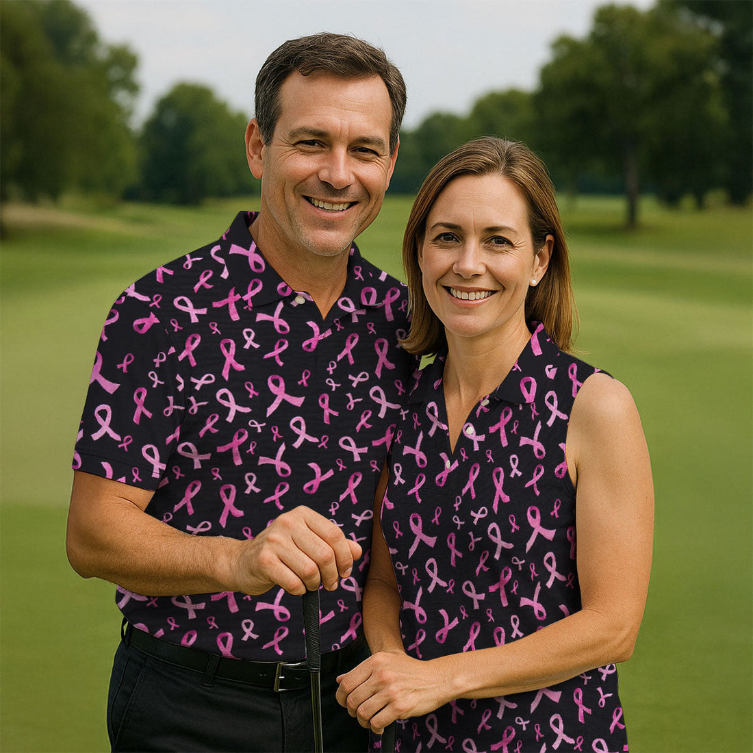 Watercolor Pink Ribbon Breast Cancer Polo Shirt, Polo Shirts For Men, Printed Golf Shirts