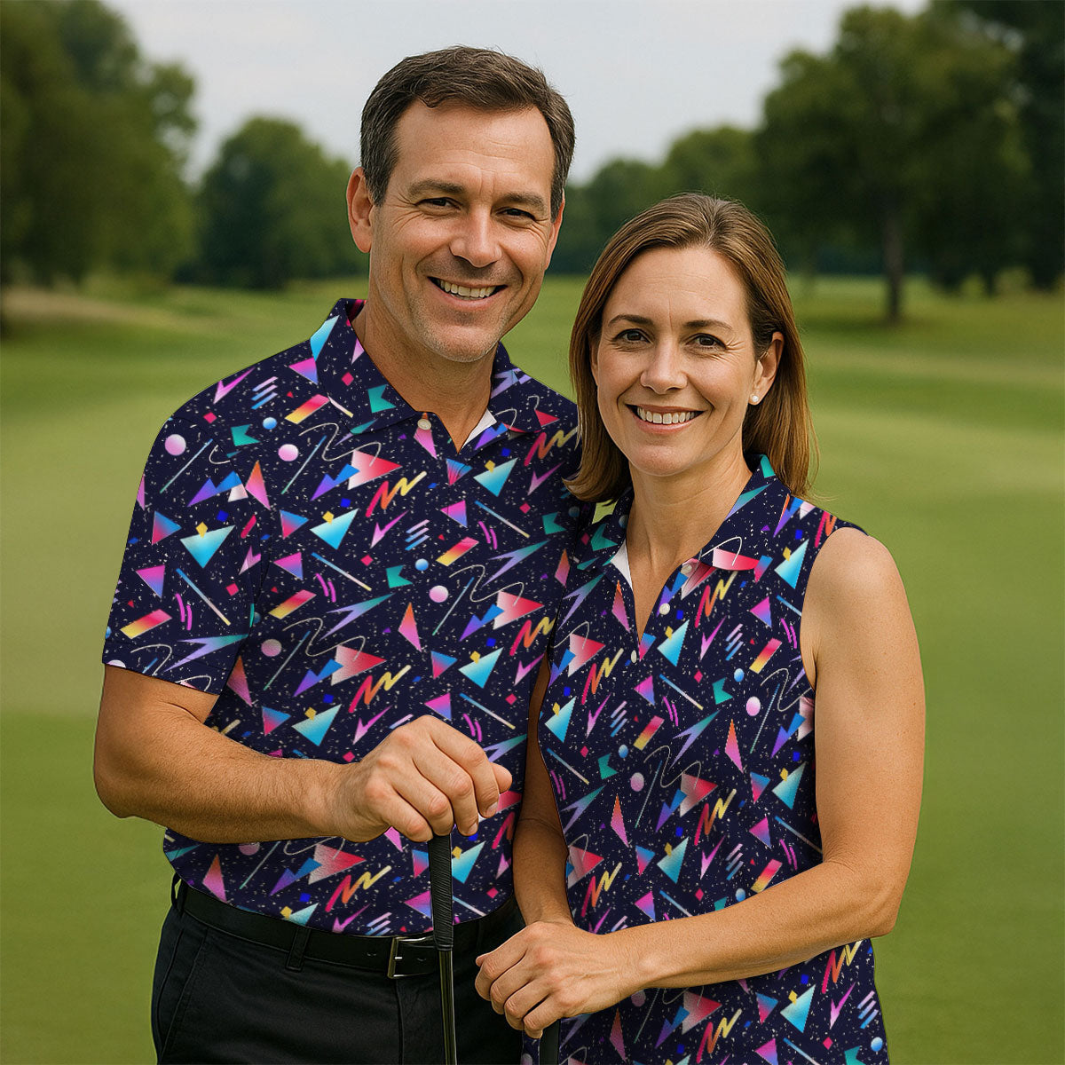 Retro Memphis Geometric Pattern Golf Polo Shirt, Men's Golf Polo, Golf Polo Shirts For Men