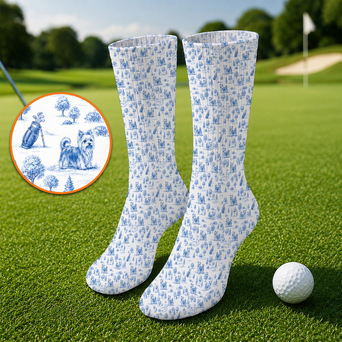 Yorkshire Terrier Toile De Jouy Golf Socks, Yorkie Pattern Golf Sock, Golf Gift For Golfer