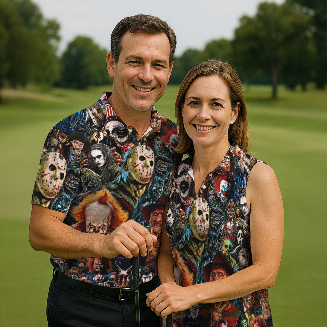 Iconic Horror Character Legends Collage Golf Polo Shirt, Mens Golf Shirts, Printed Golf Shirts