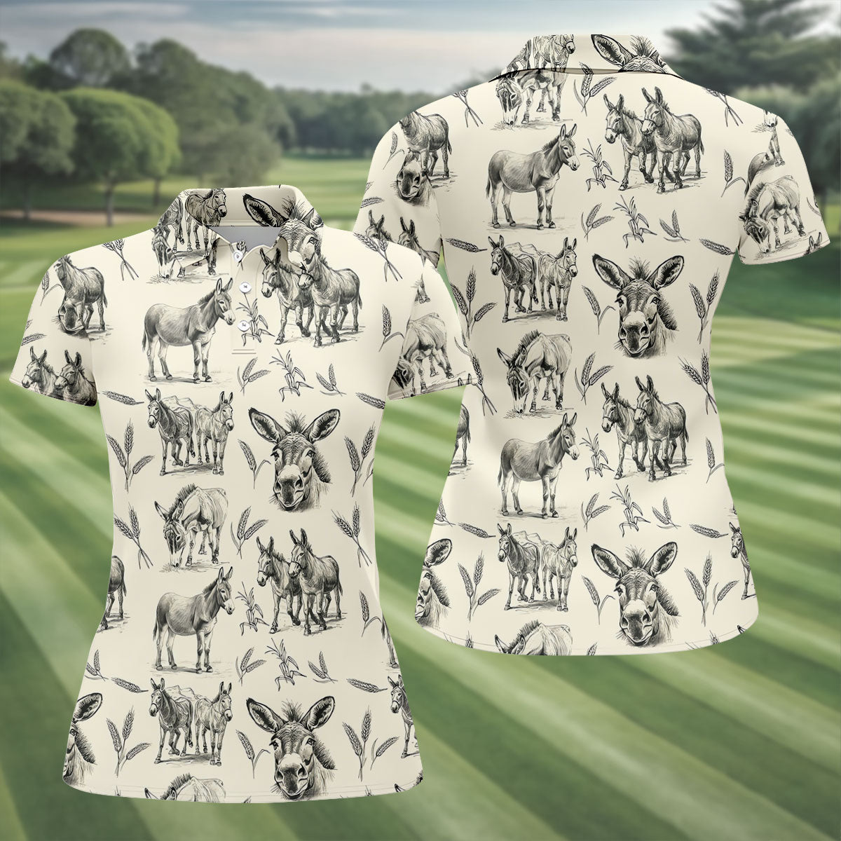 Vintage Donkey Sketch Pattern Hawaiian Golf Polo Shirt, Golf Shirts For Women, Women's Golf Apparel