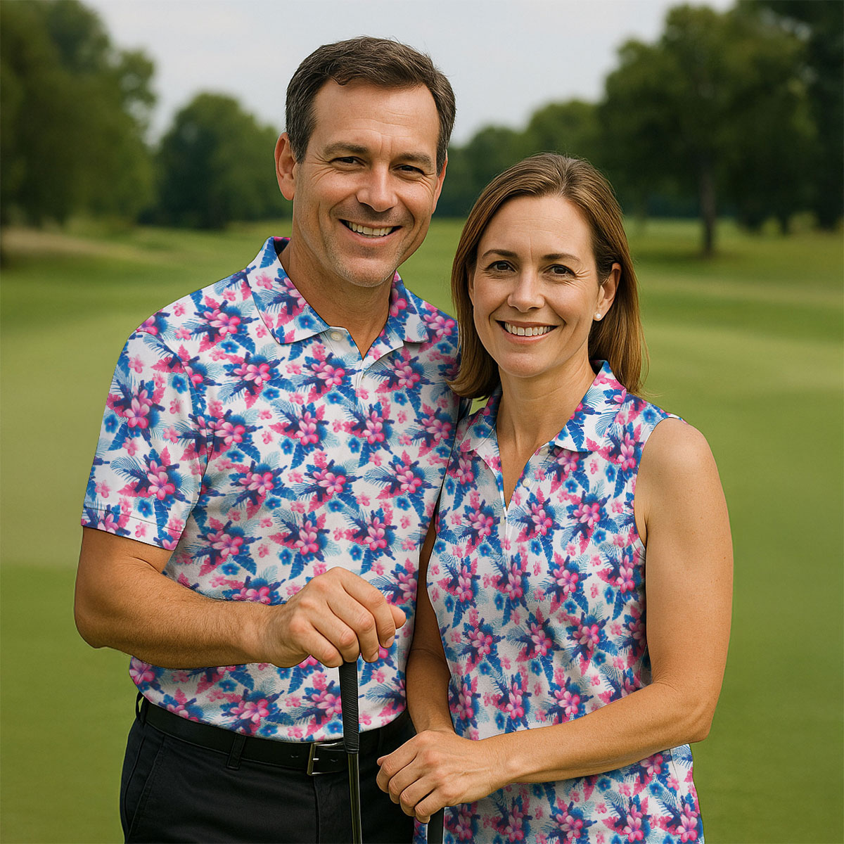 Pink Blue Tropical Floral Hawaiian Golf Shirt, Vibrant Color Golf Shirts For Men