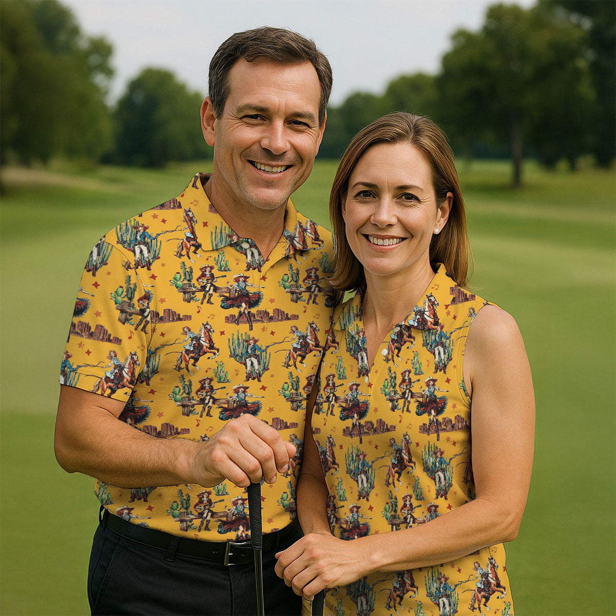 Yellow Cowboy Rodeo Desert Western Hawaiian Golf Shirt, Men's Golf Shirt, Golf Polo Shirts For Men