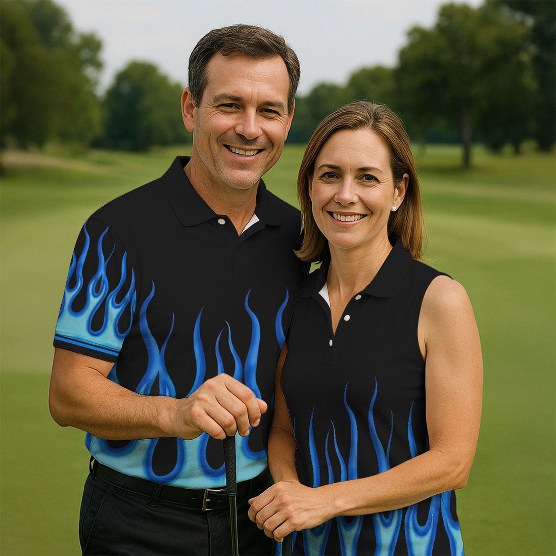 Black Blue Flame Sleeve Golf Shirt, Men's Golf Shirt, Golf Apparel For Men