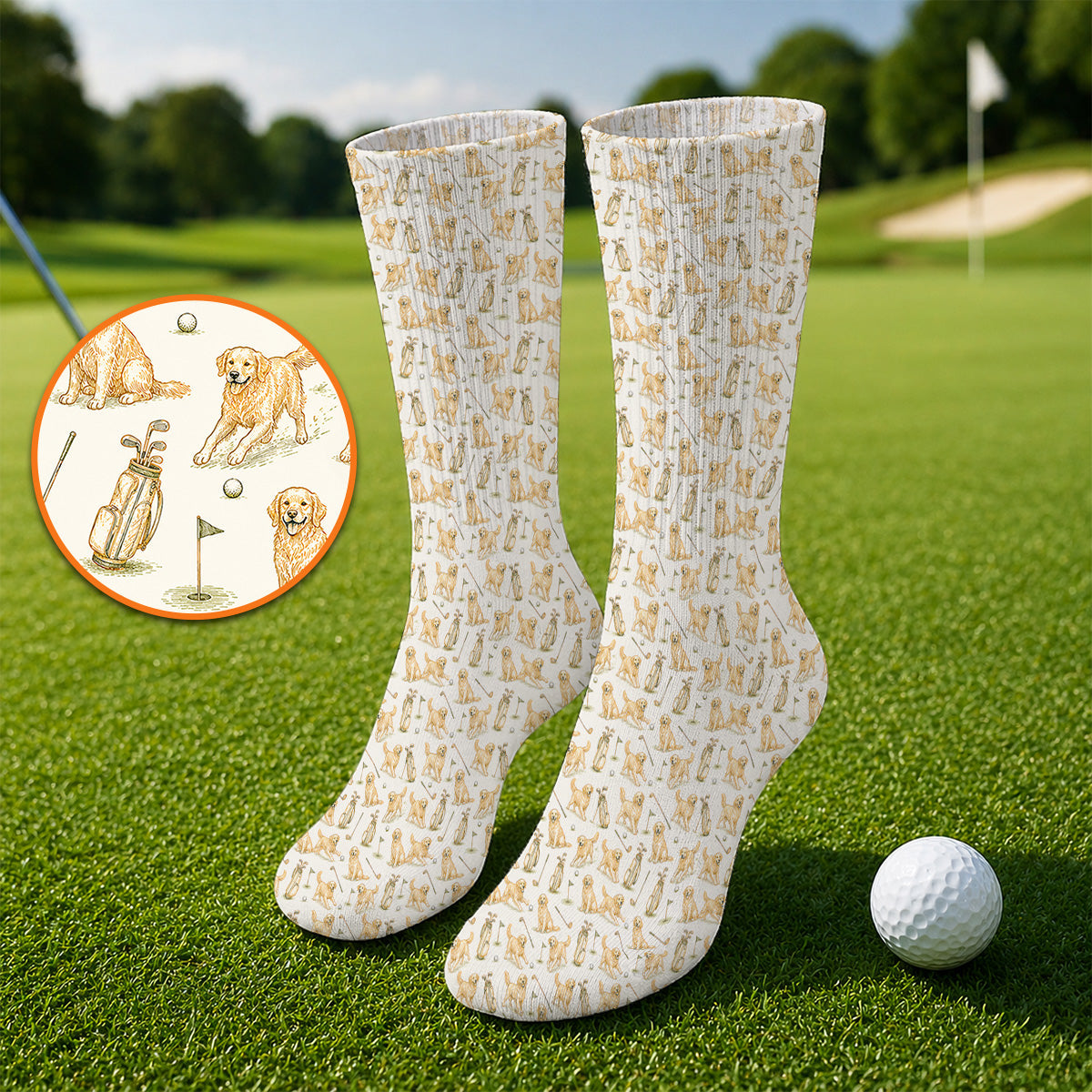 Vintage Golden Retriever Pattern Golf Sock, Golden Retriever Golf Socks, Perfect Gift For Golf Lovers