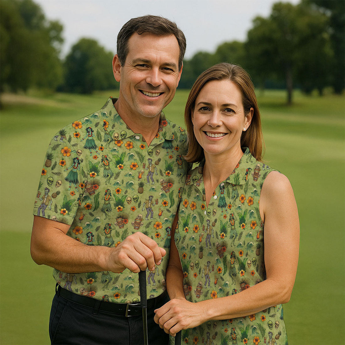 Tiki Zombie Hawaiian Golf Shirt, Hula Dancer Skull Pattern, Polo Shirts For Men