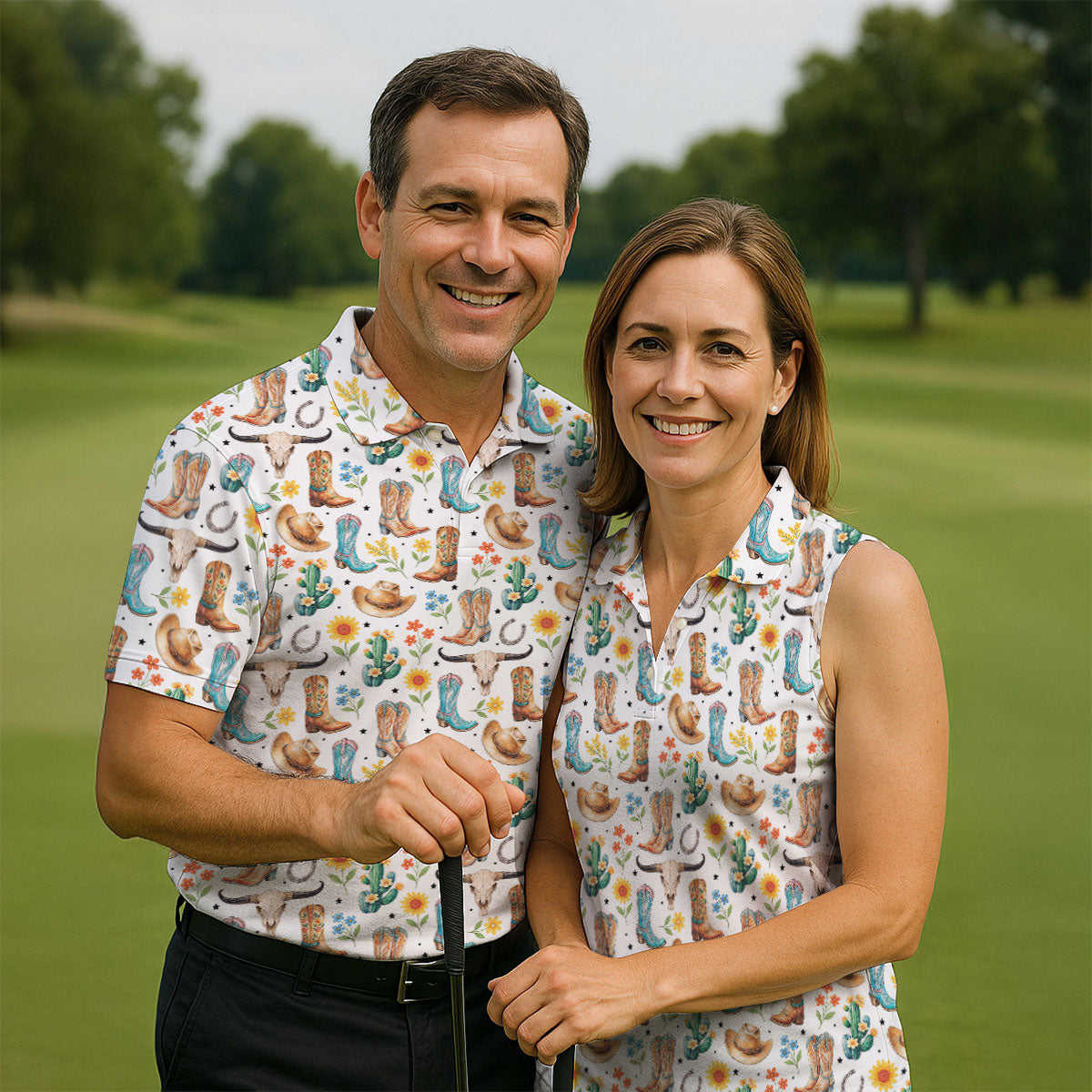 Western Cowboy Boots Floral Pattern Golf Shirt, Women’s Golf Apparel, Golf Shirts For Women