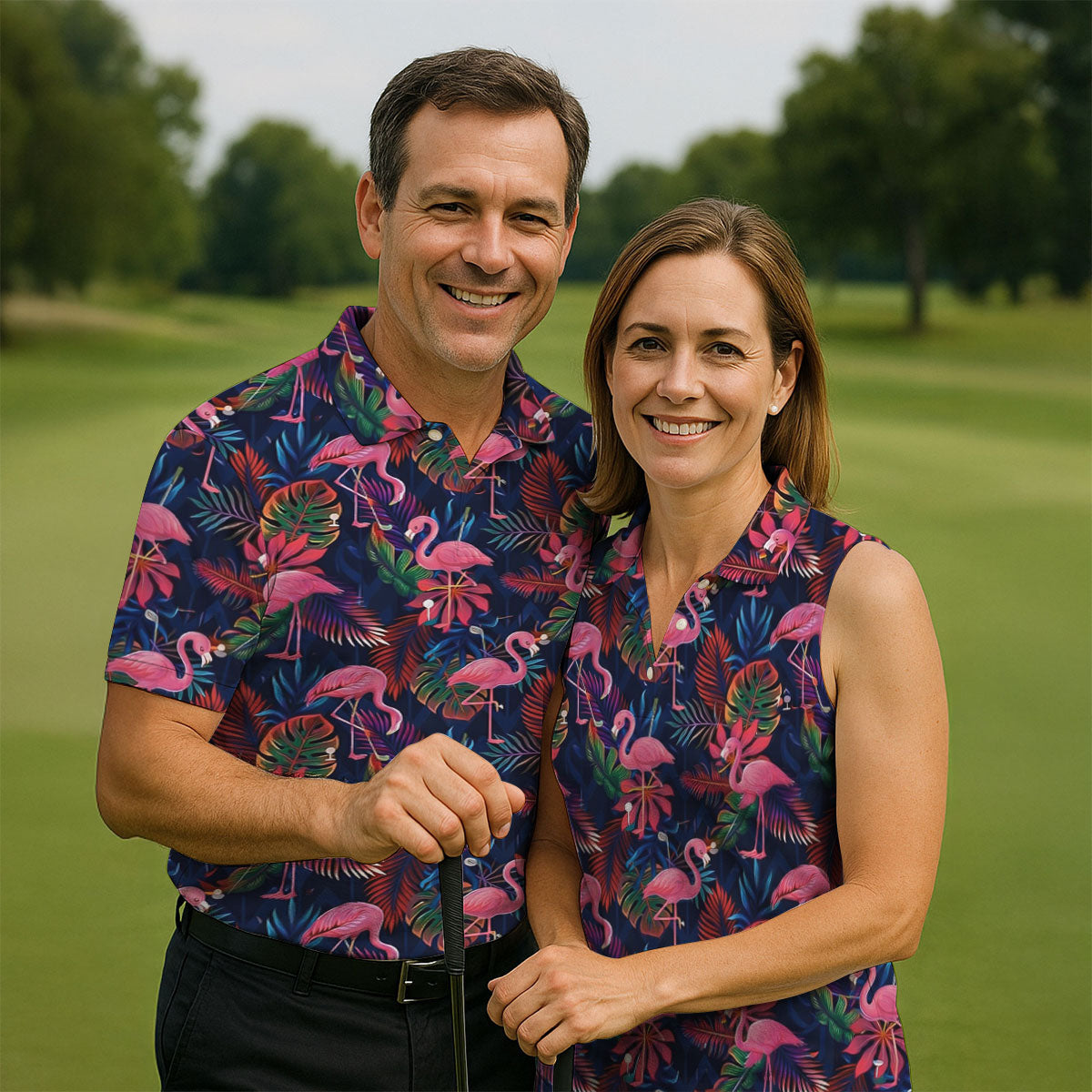 Dark Tropical Pink Flamingo Pattern Golf Shirt, Mens Polo Shirts, Hawaiian Golf Shirt, Printed Golf Shirts