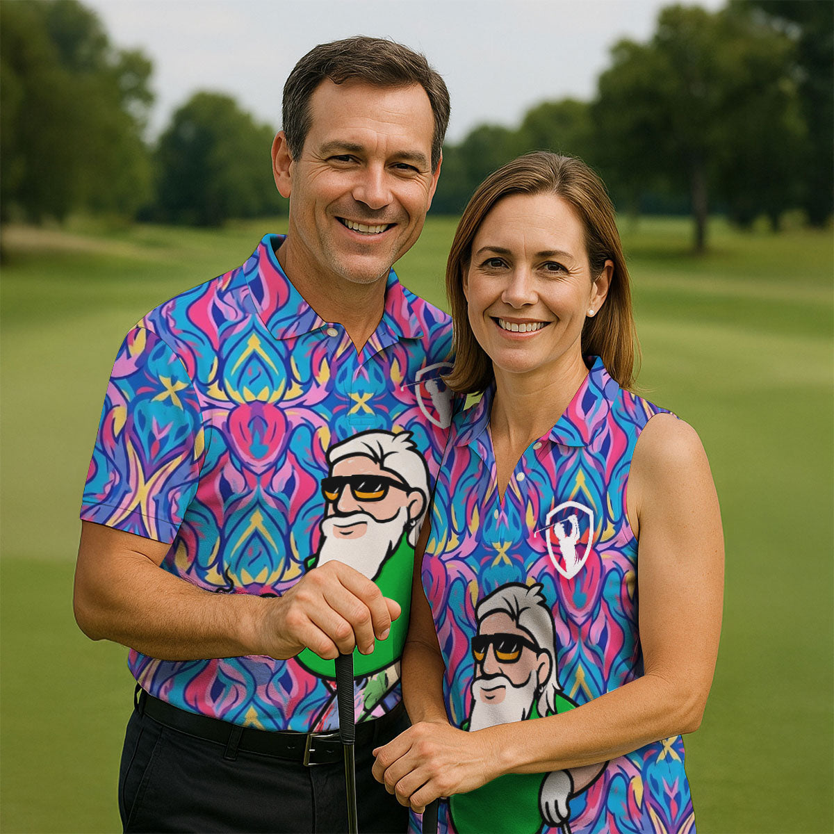 Colorful Psychedelic Santa Golfer Print Men's Golf Shirt, Mens Golf Apparel, Hawaiian Golf Shirt