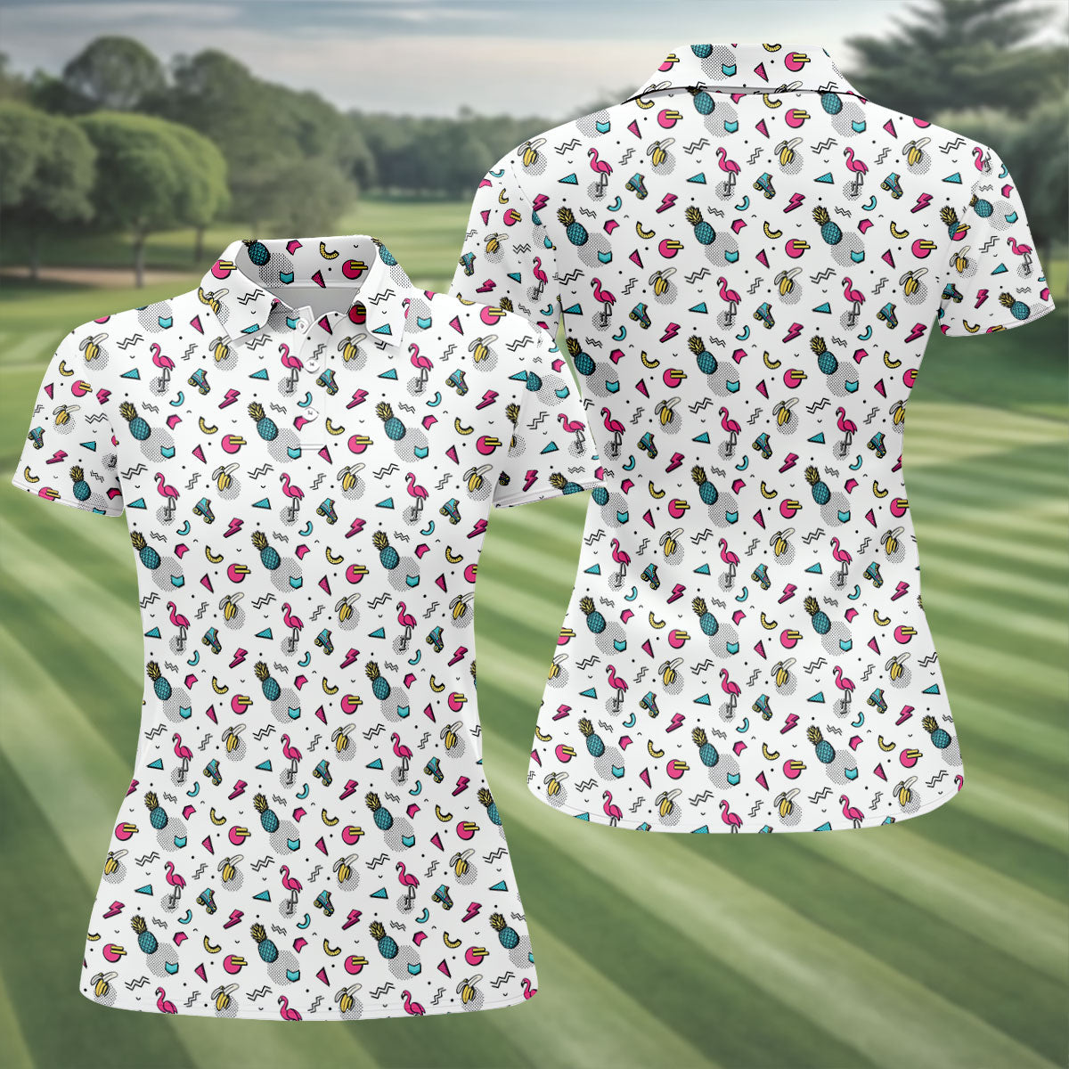 White Retro Summer Flamingo Pattern Golf Polo Shirt, Golf Shirts For Women, Women's Golf Polo