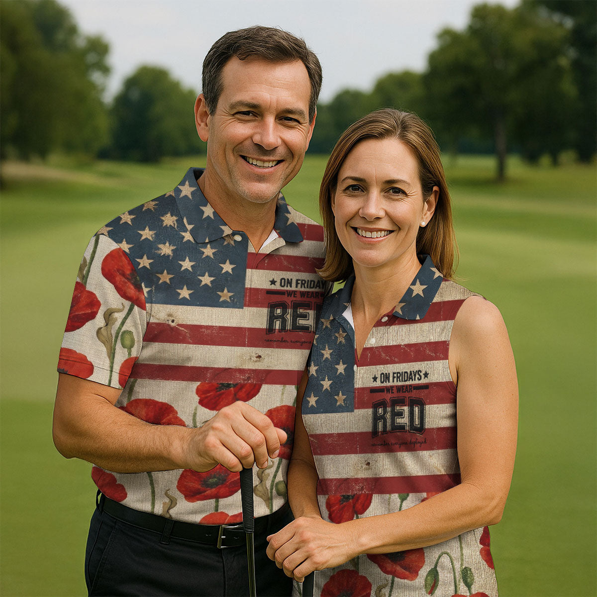 On Fridays We Wear RED Poppies US Flag Golf Shirts, 250 Years Patriotic Golf Shirts For Men