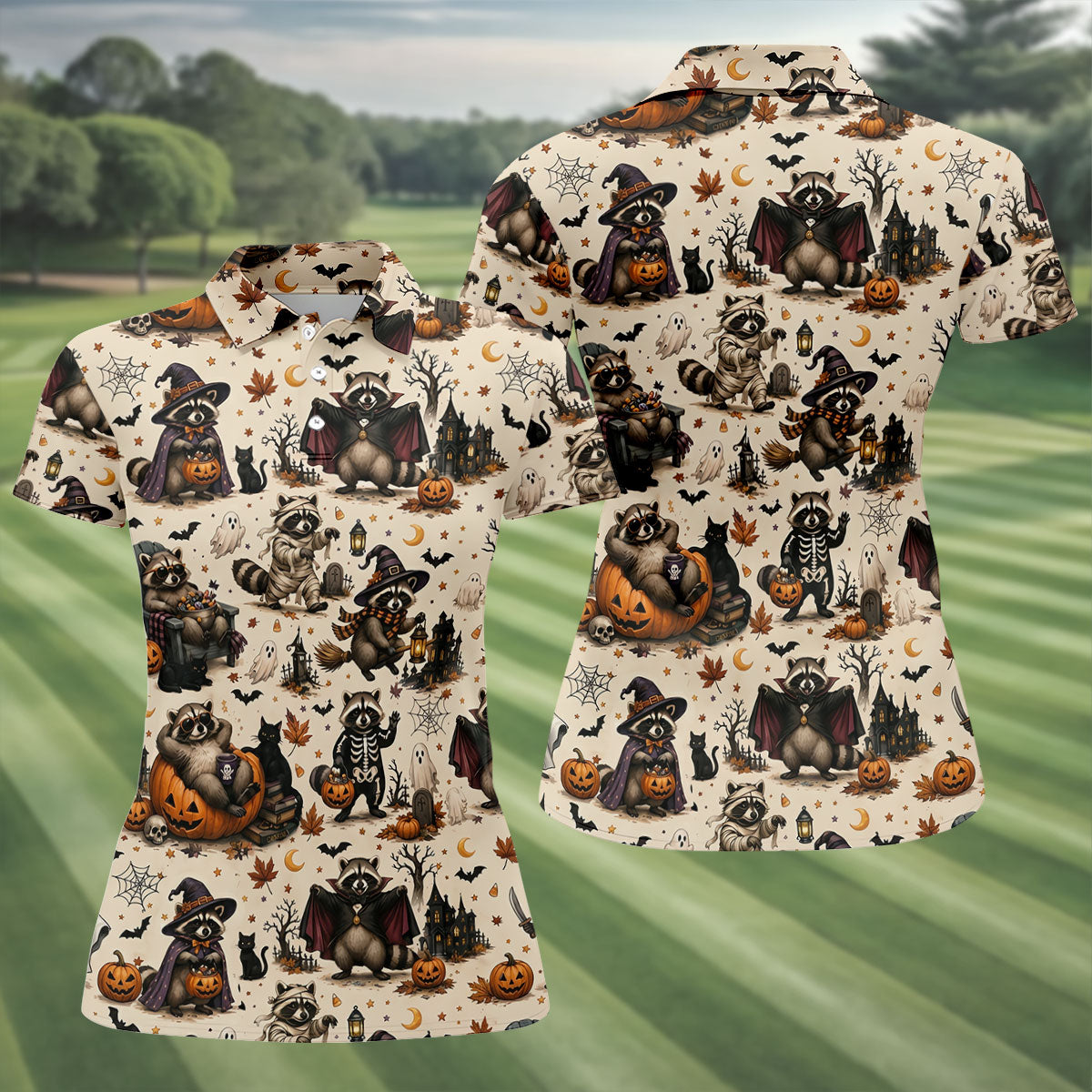 Jimothy Raccoon Costume Halloween Golf Polo Shirt, Golf Tops For Women, Women's Golf Polo