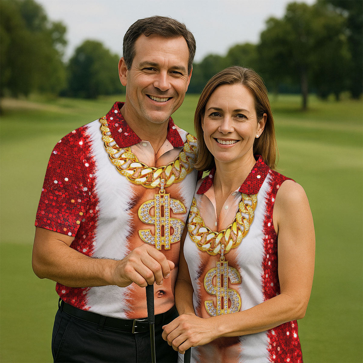 Funny Santa Gold Dollar Chain Golf Polo Shirt, Printed Golf Shirts, Mens Golf Apparel