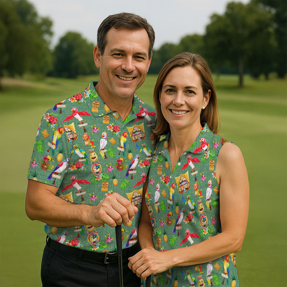 Tropical Tiki Parrot Island Hawaiian Golf Polo Shirt, Golf Shirts For Men, Printed Golf Shirts