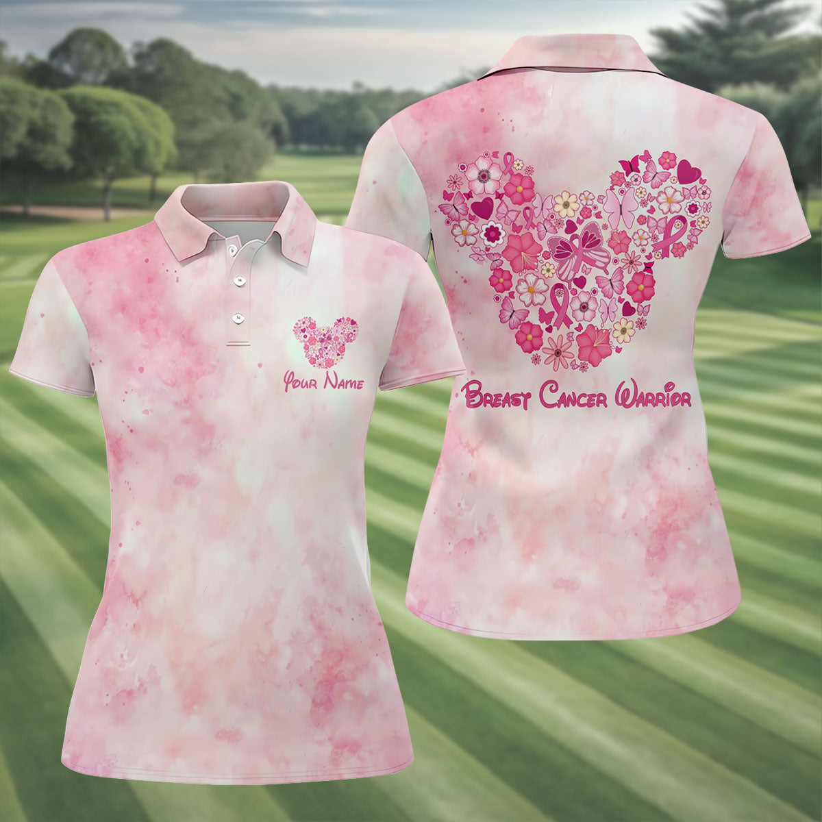 Custom Floral Heart Breast Cancer Polo Shirt, Golf Polo For Women, Women's Golf Apparel