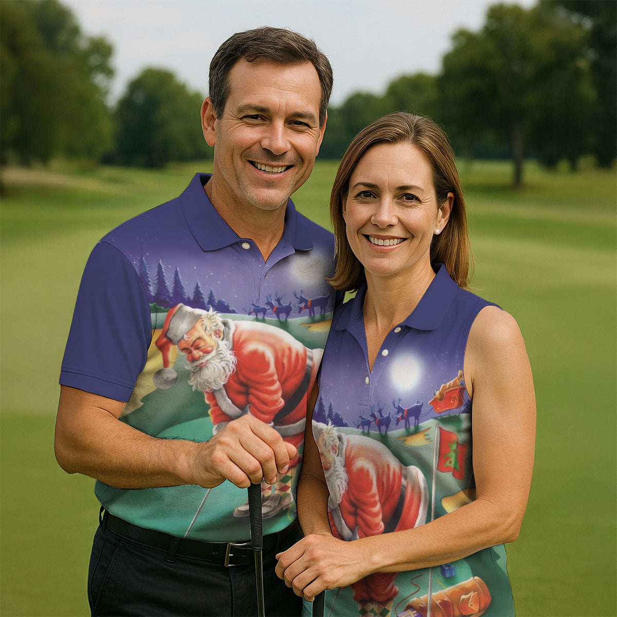 Men's Santa Night Golf Scene Golf Shirt, Christmas Golf Shirt, Golf Apparel For Men