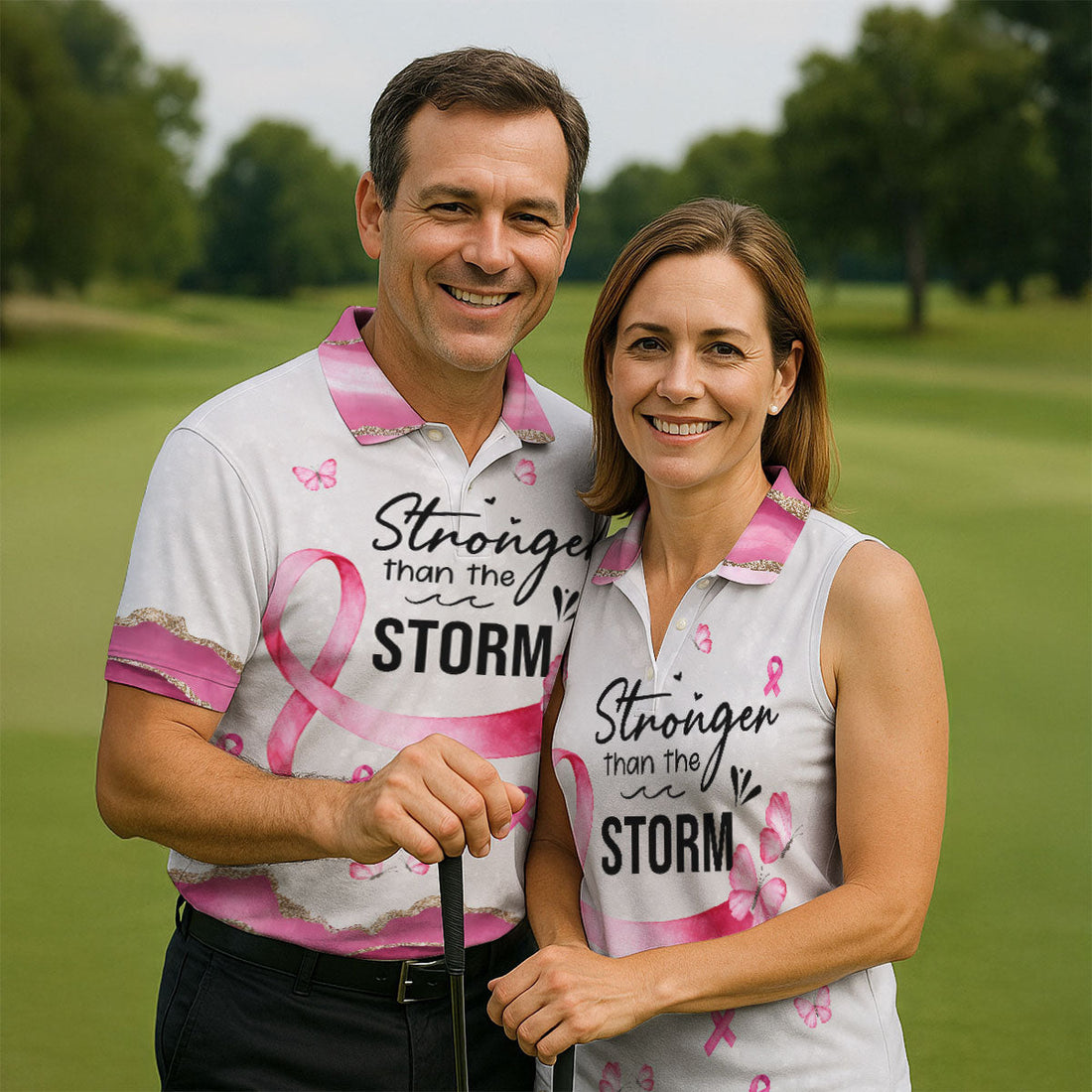 Stronger Than The Storm Breast Cancer Polo Shirt, Men's Golf Shirt, Printed Golf Shirts