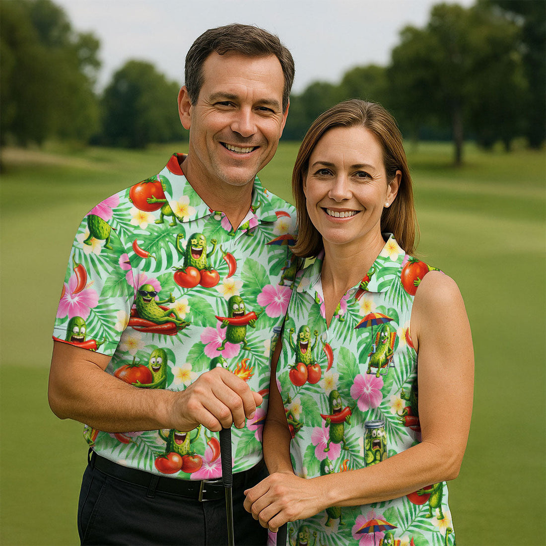Funny Pickle Tomato Chili Tropical Hawaiian Golf Shirt, Mens Golf Polo, Printed Golf Shirts