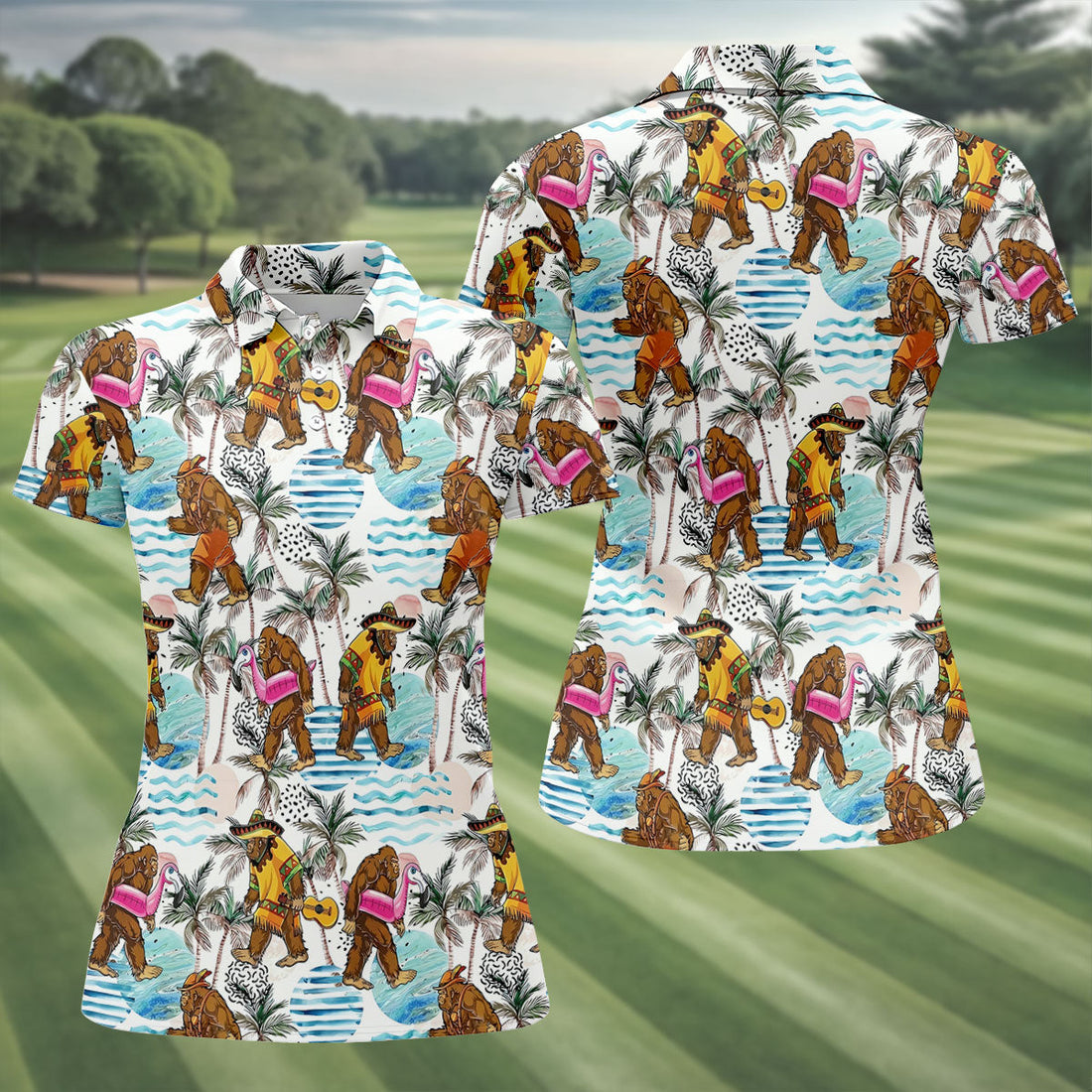 Bigfoot With Flamingo Float And Guitar Tropical Pattern Hawaiian Golf Polo, Golf Tops For Women, Golfing Apparel