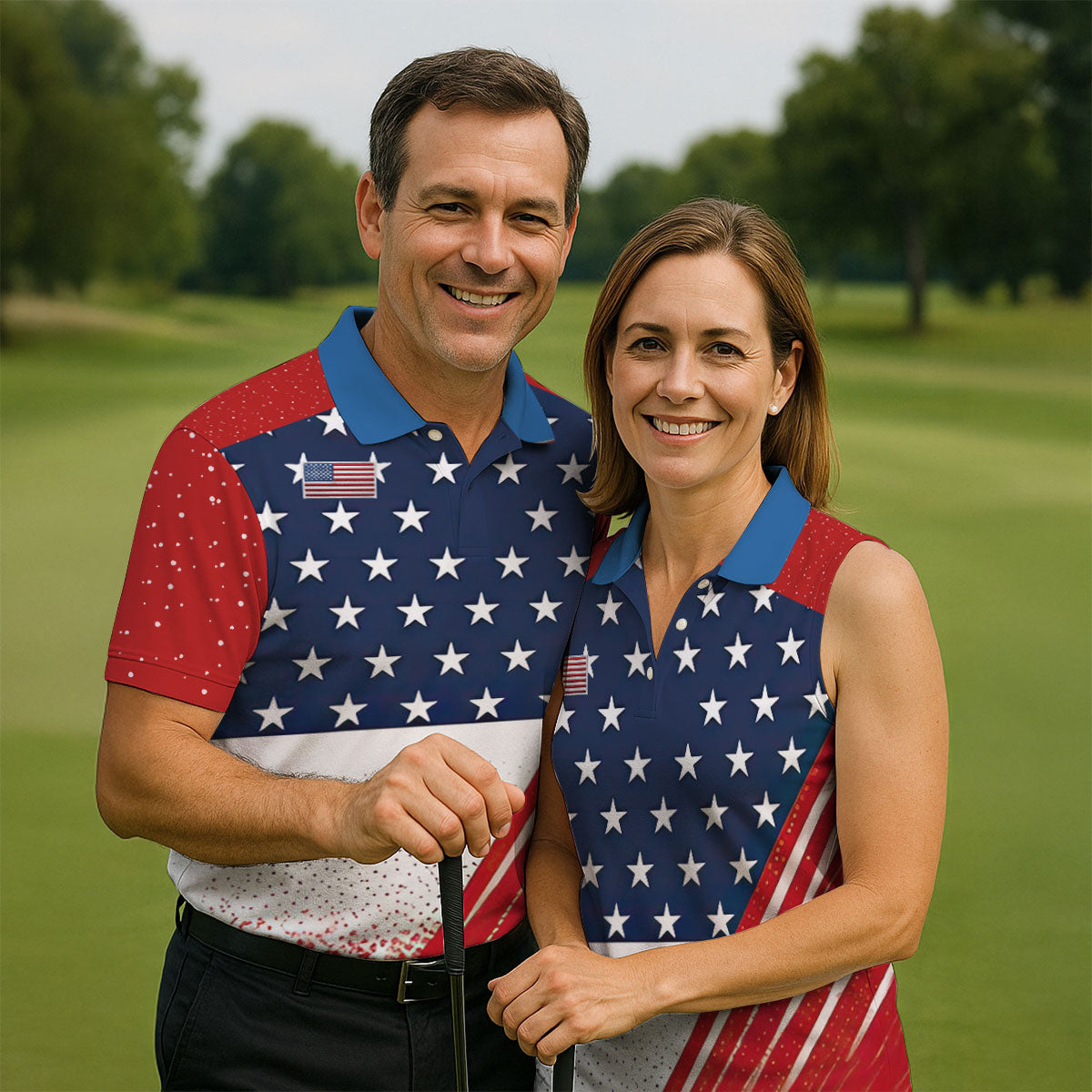 White Star Patriotic 4th Of July American Flag Golf Polo Shirt, Patriotic Golf Shirt, Golf Shirts For Men